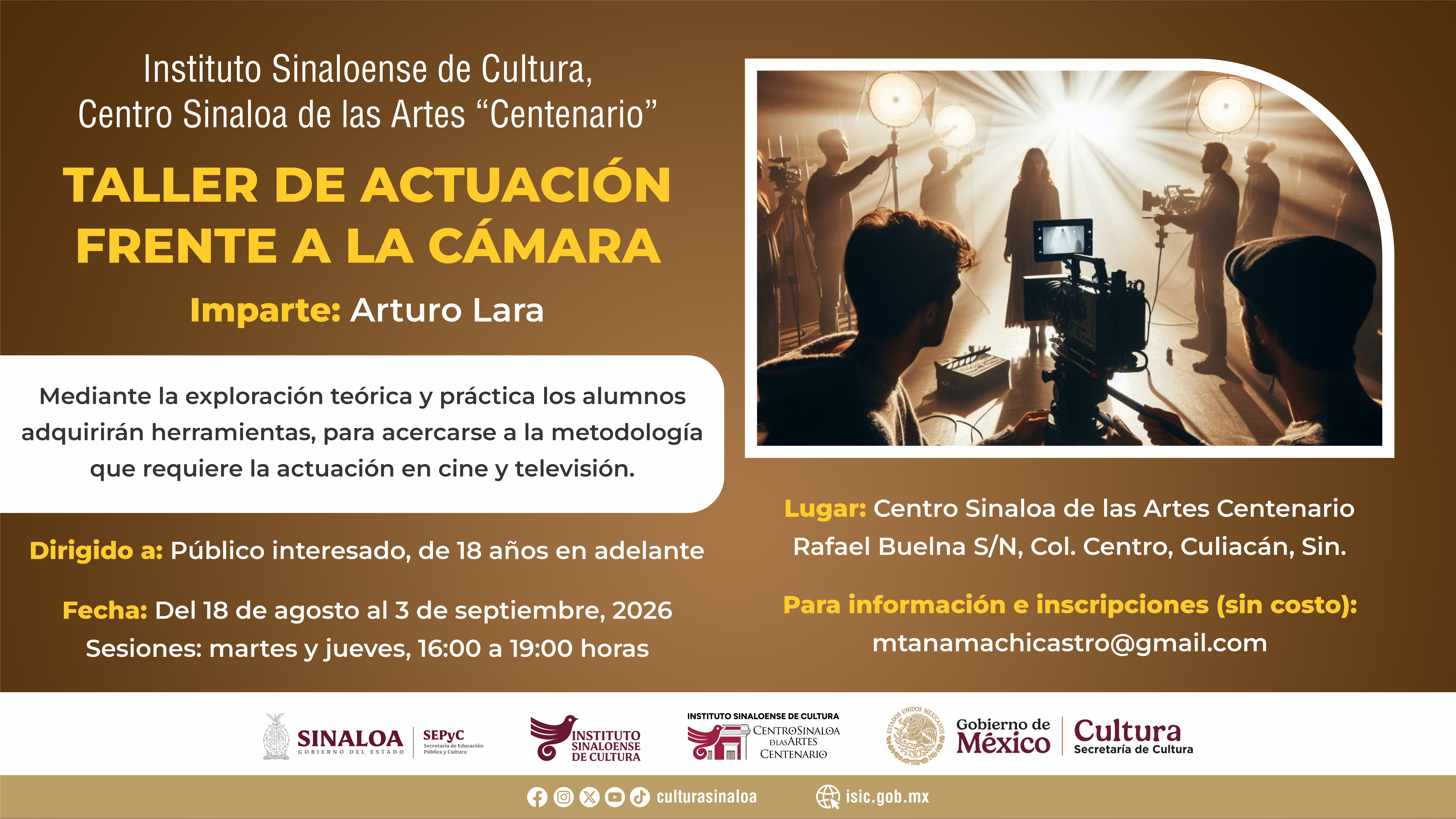 Invita el ISIC al Taller de actuación frente a la cámara, en el Centenario